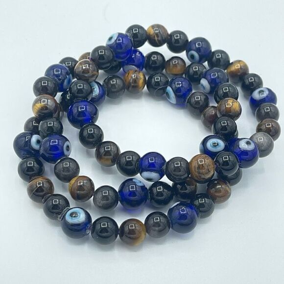 Crystal beaded stretch bracelet ONE NEW evil eye yellow tiger eye silver obsidia - Picture 9 of 10